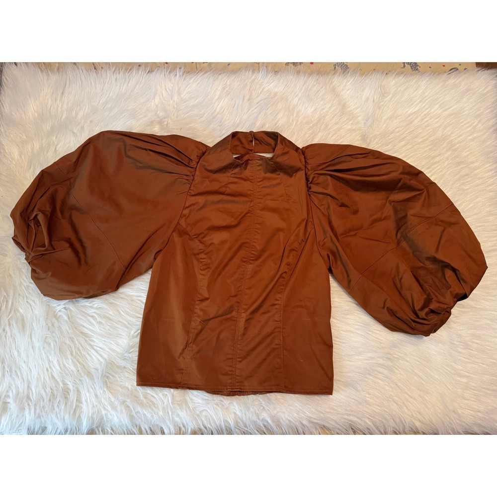 Harbison Balloon Puff Sleeve Mock Neck Top Brown Size‎ S Open Back